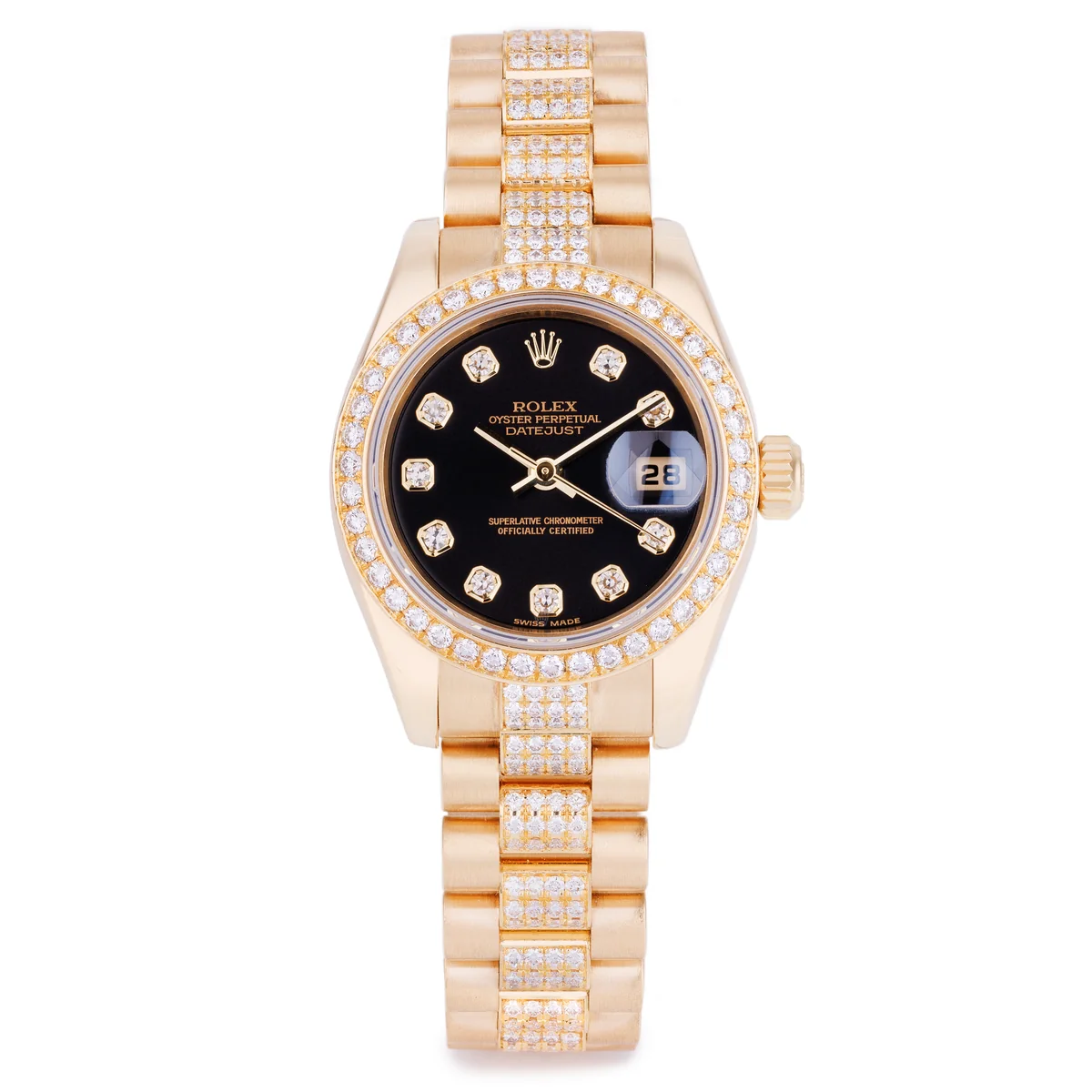 Rolex Lady-Datejust 26 mm | Ref. 179138 | Quadrante nero con diamanti e bracciale con diamanti | Oro giallo 18 carati | Scatola e documenti originali | 2004