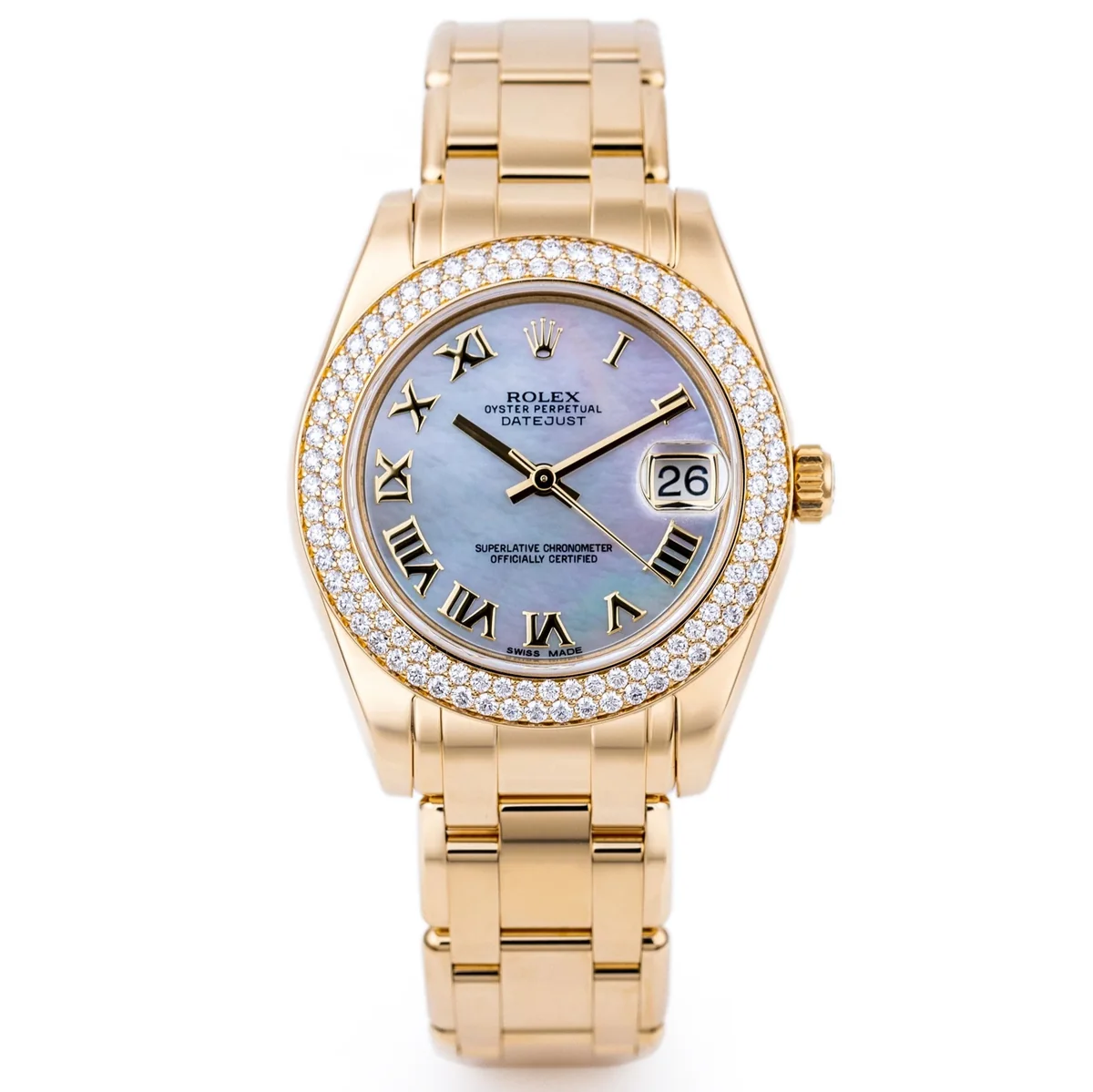 Rolex Pearlmaster Datejust 34 | REF. 81338 | Quadrante in madreperla con numeri romani | Lunetta a doppia fila di diamanti | Scatola e documenti originali | 2012 | Oro giallo 18K