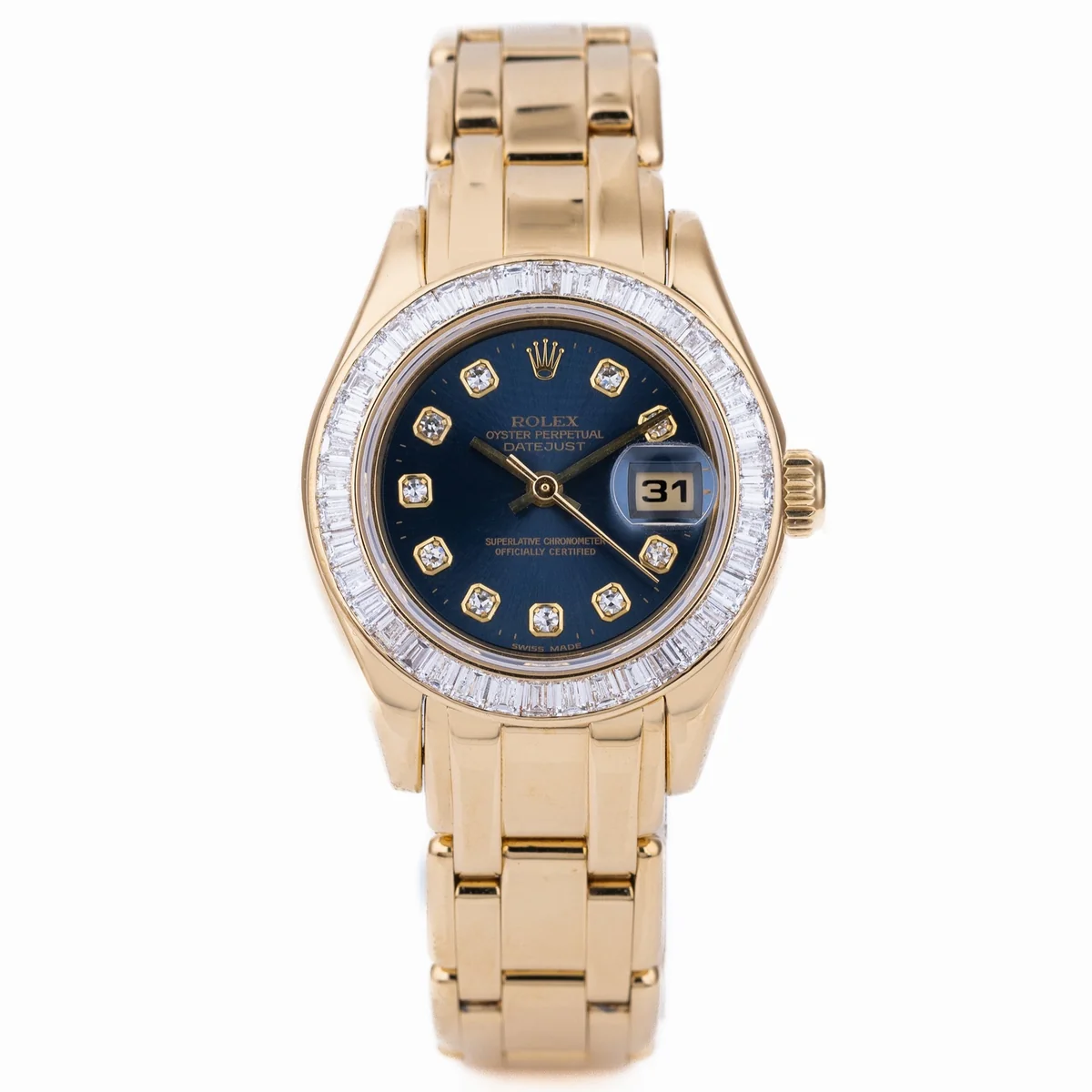 Rolex Datejust Pearlmaster | REF. 69308 | Quadrante blu con diamanti | Lunetta con diamanti taglio baguette | Con documenti | 2001 | Oro giallo 18K