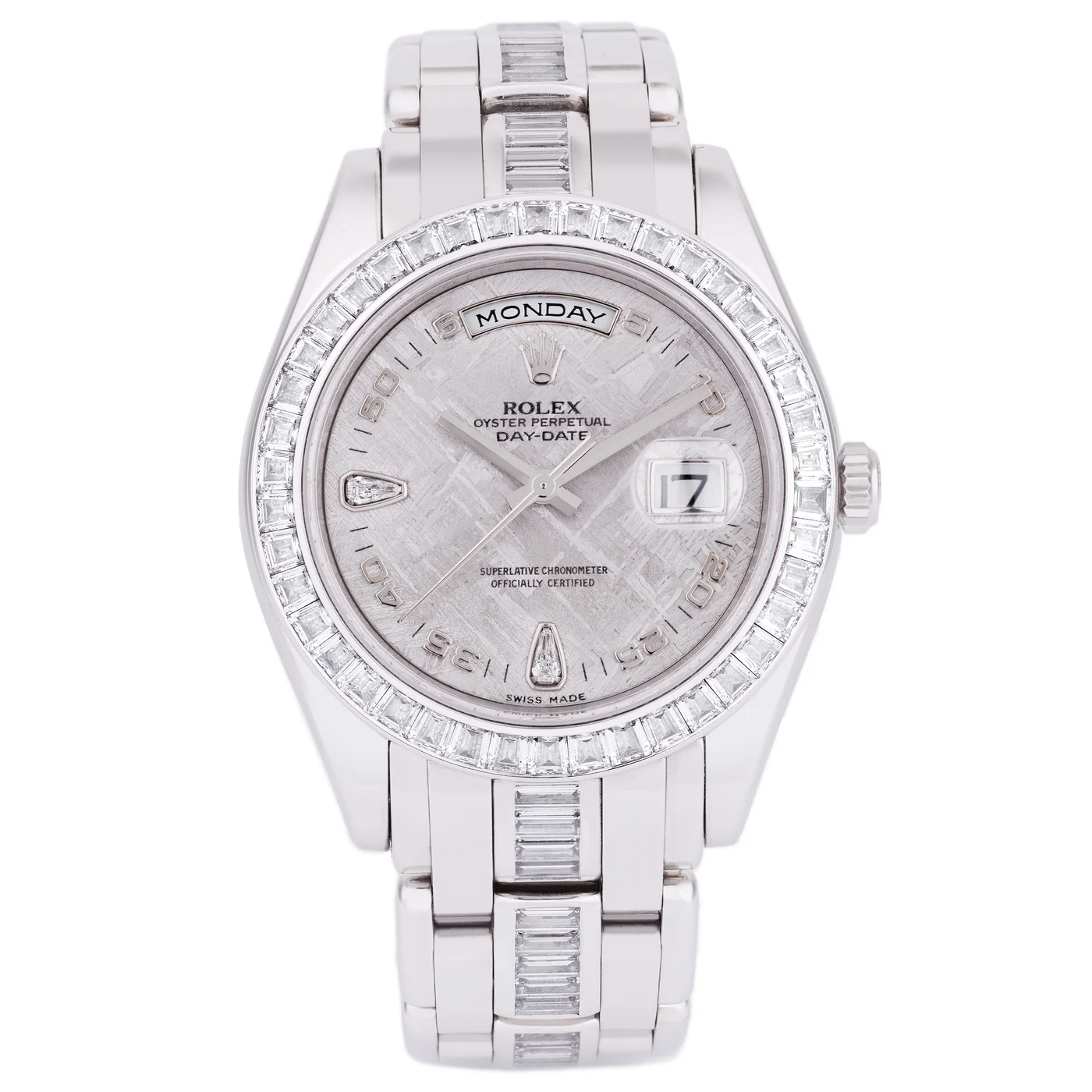 Rolex Day-Date Masterpiece 39 mm | Ref. 18956BR | Platino | Quadrante in meteorite | Lunetta e bracciale con diamanti taglio baguette | Scatola e certificati completi | 2007