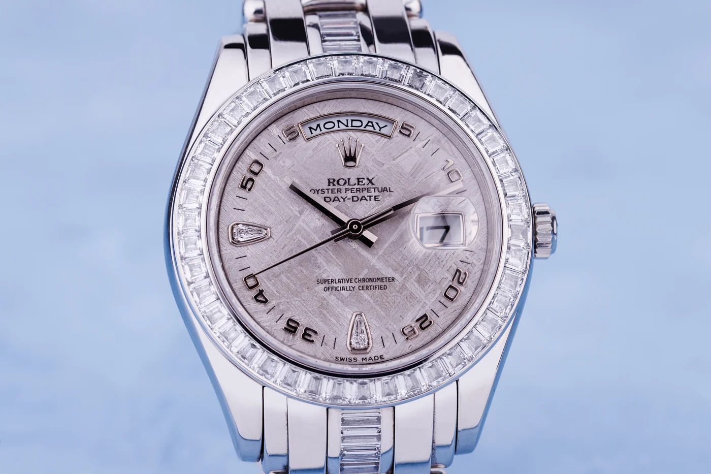 Rolex Day-Date Masterpiece 39 mm | Ref. 18956BR | Platino | Quadrante in meteorite | Lunetta e bracciale con diamanti taglio baguette | Scatola e certificati completi | 2007