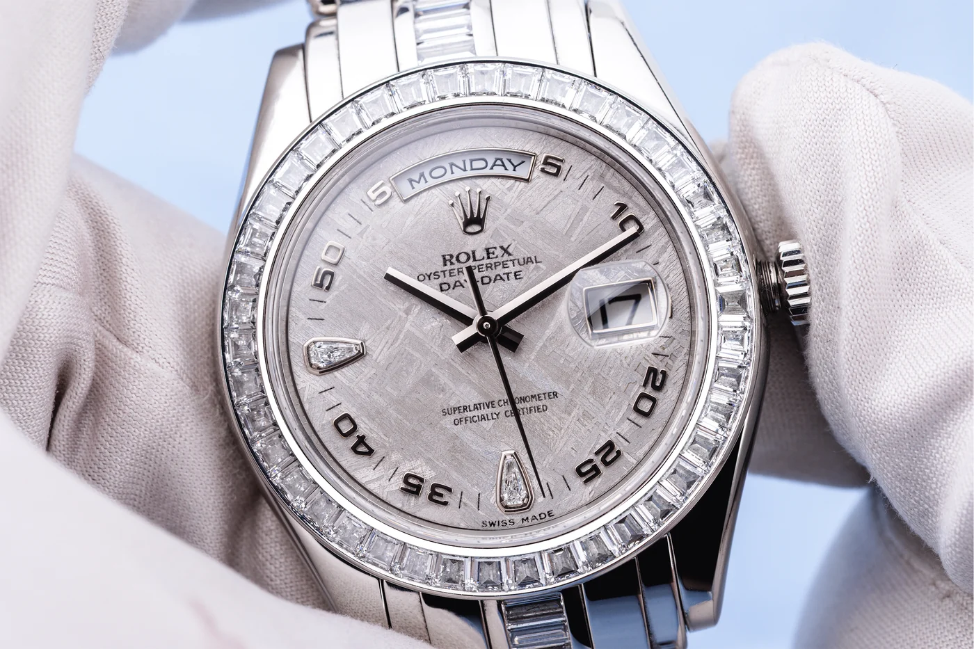 Rolex Day-Date Masterpiece 39 mm | Ref. 18956BR | Platino | Quadrante in meteorite | Lunetta e bracciale con diamanti taglio baguette | Scatola e certificati completi | 2007
