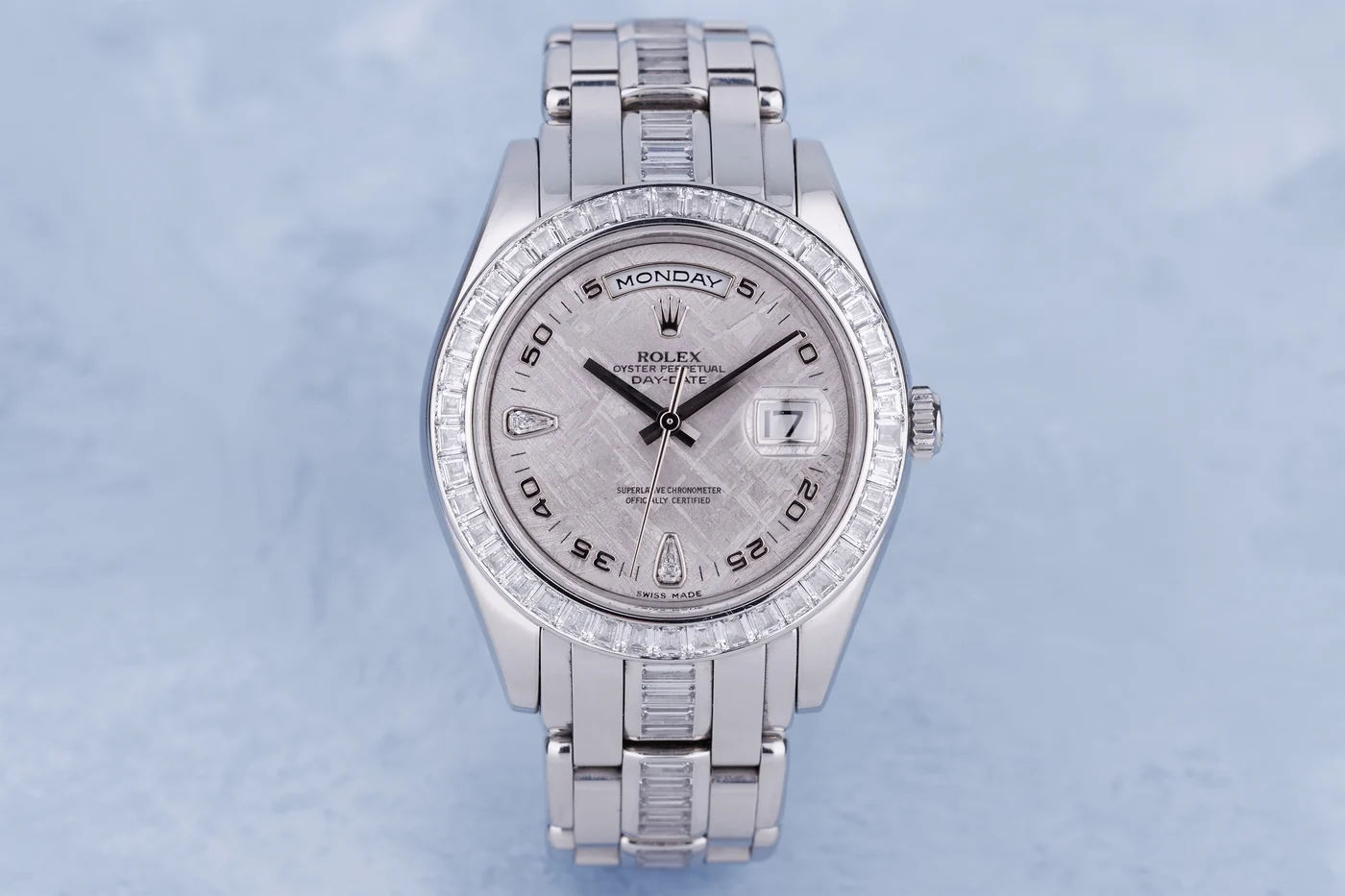 Rolex Day-Date Masterpiece 39 mm | Ref. 18956BR | Platino | Quadrante in meteorite | Lunetta e bracciale con diamanti taglio baguette | Scatola e certificati completi | 2007