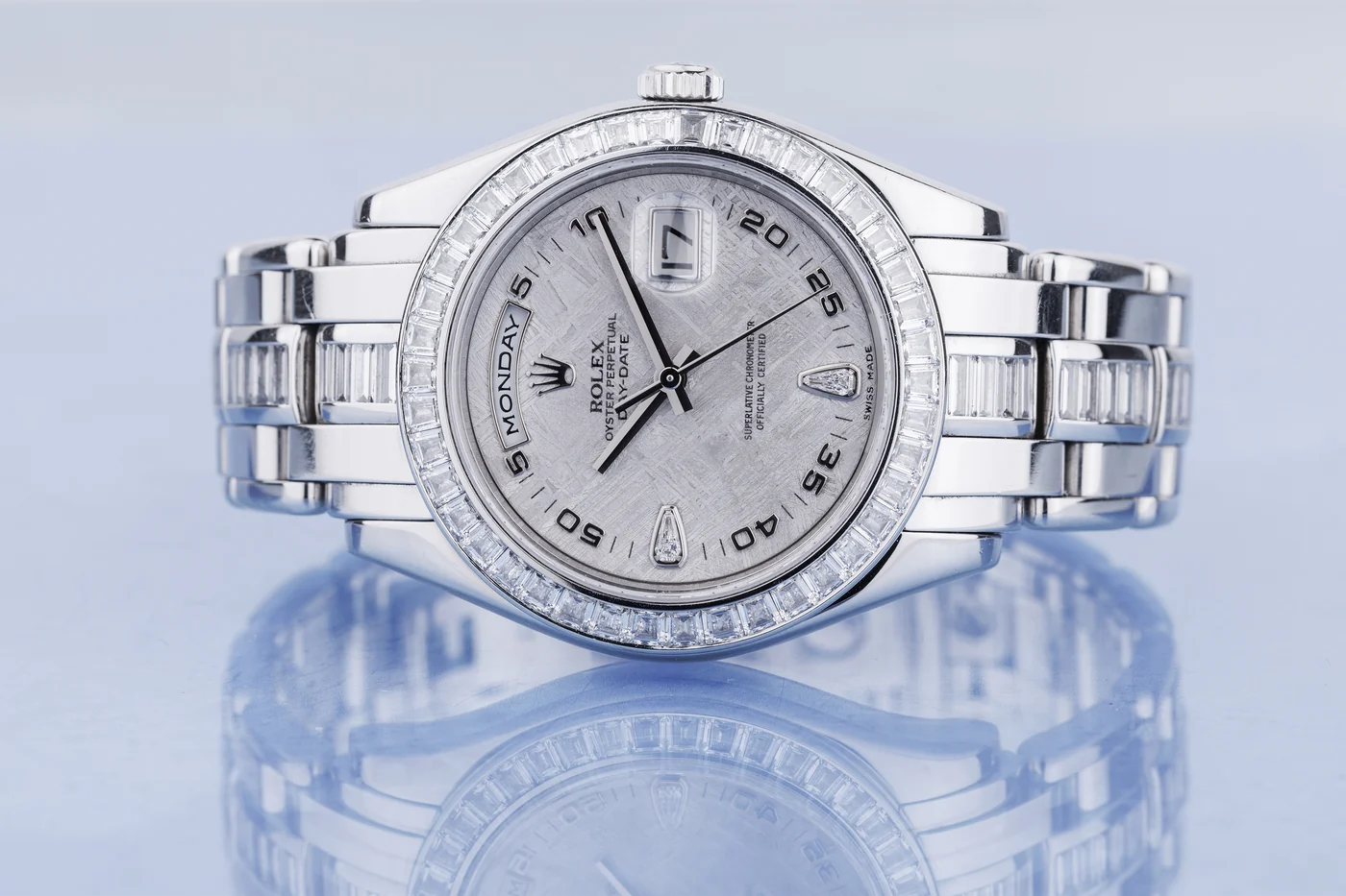 Rolex Day-Date Masterpiece 39 mm | Ref. 18956BR | Platino | Quadrante in meteorite | Lunetta e bracciale con diamanti taglio baguette | Scatola e certificati completi | 2007