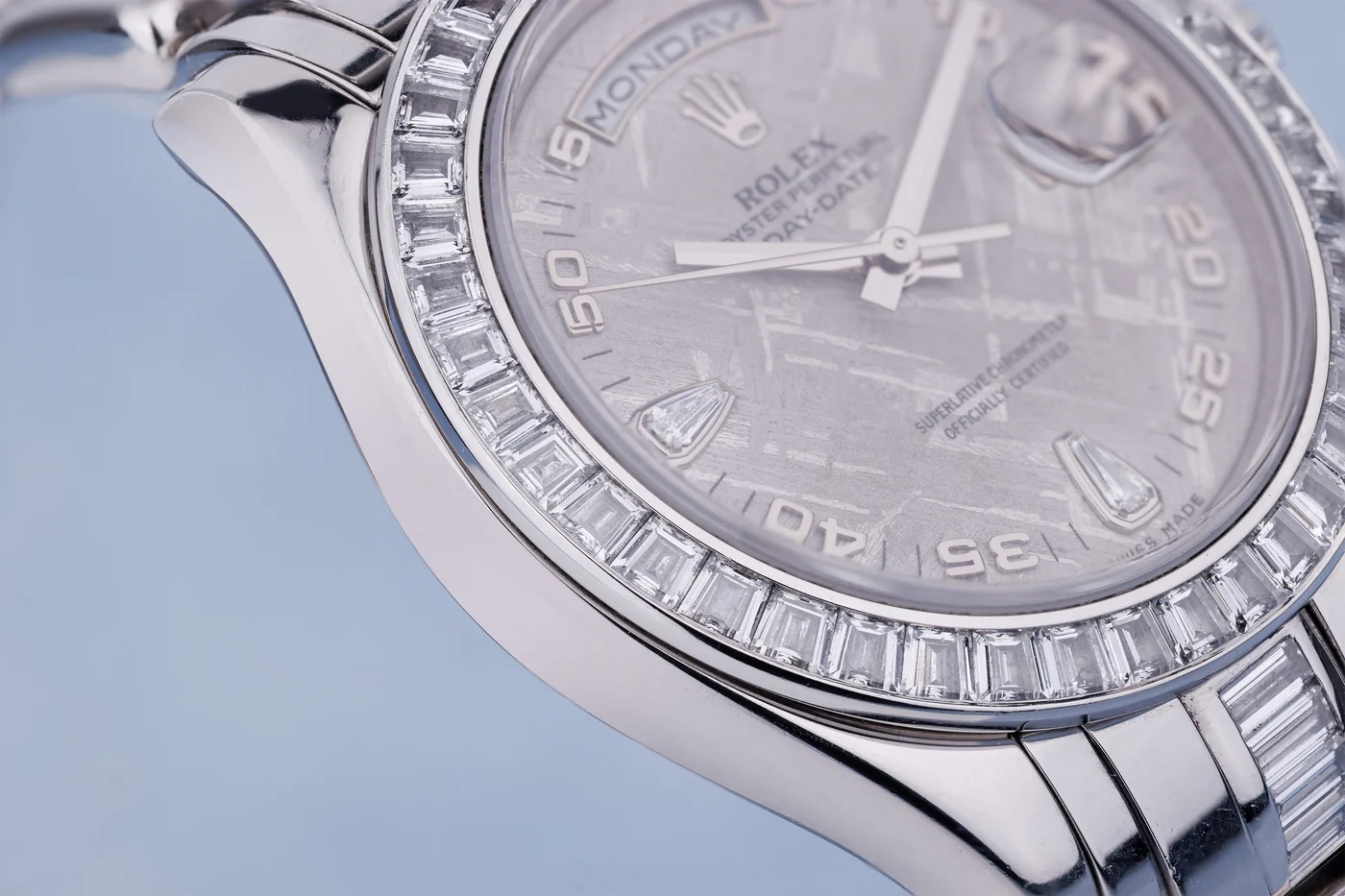 Rolex Day-Date Masterpiece 39 mm | Ref. 18956BR | Platino | Quadrante in meteorite | Lunetta e bracciale con diamanti taglio baguette | Scatola e certificati completi | 2007