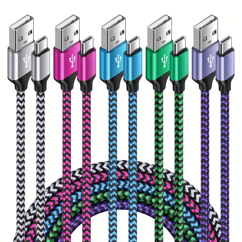 5 kom USB A na USB C kabela 182,88 cm, uključen USB na USB C kabel 182,88 cm 1x crveni, 1x srebrni, 1x plavi, 1x zeleni, 1x ljubičasti USB A na tip C kabel za punjenje brzo punjenje USB na USB C kabel pleteni najlonski kabel za sinkronizaciju podataka USB