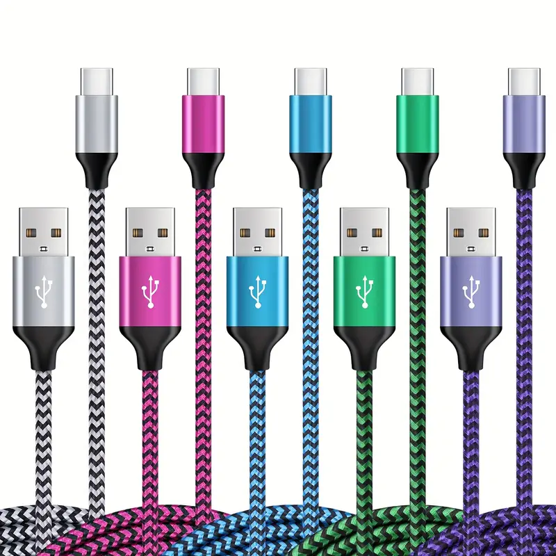 5 kom USB A na USB C kabela 182,88 cm, uključen USB na USB C kabel 182,88 cm 1x crveni, 1x srebrni, 1x plavi, 1x zeleni, 1x ljubičasti USB A na tip C kabel za punjenje brzo punjenje USB na USB C kabel pleteni najlonski kabel za sinkronizaciju podataka USB