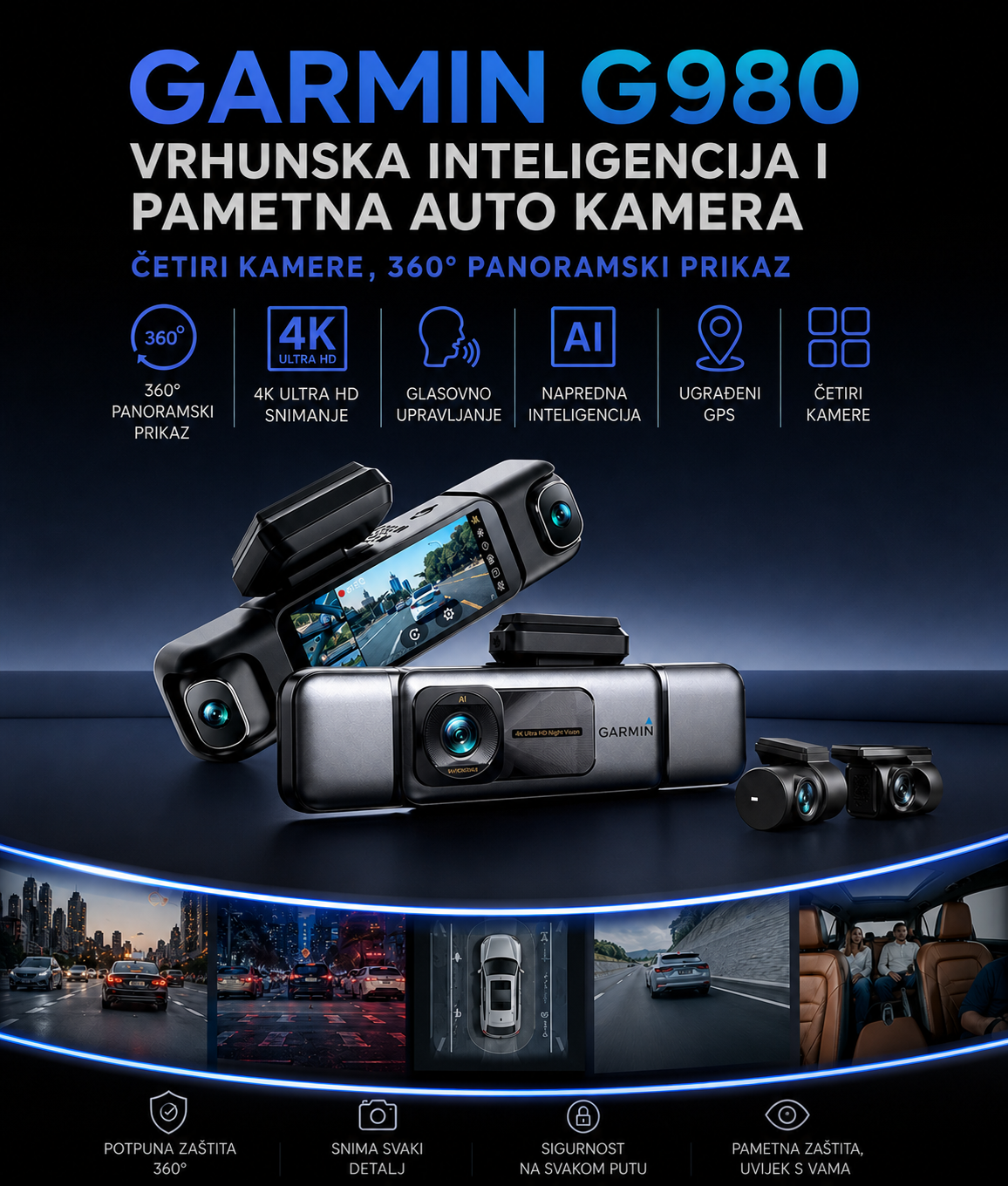 Garmin AI Kamera za Automobil – 4K Ultra HD, 360° Panoramski Pogled, Četiri Kamere, GPS Praćenje i Glasovno Upravljanje