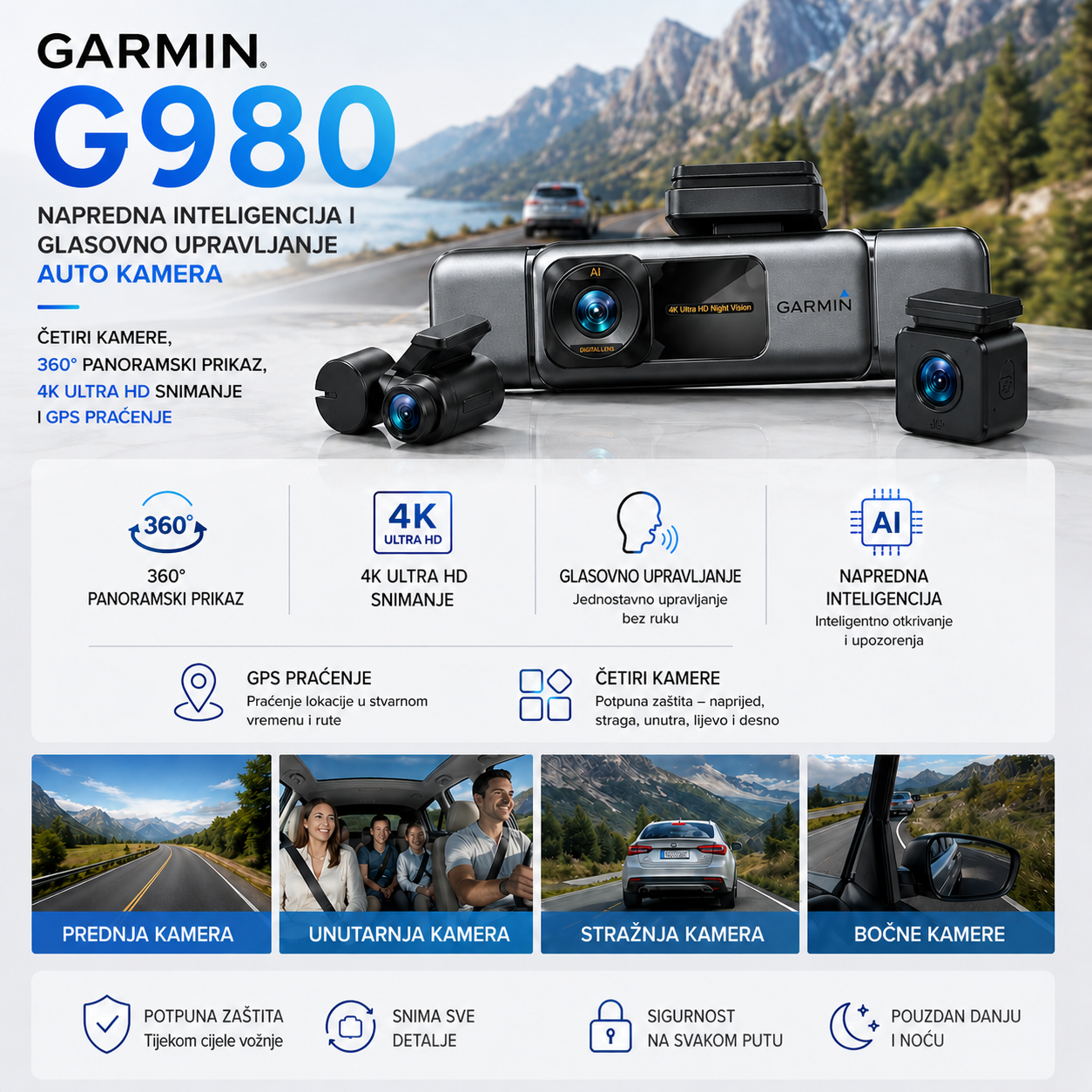 Garmin AI Kamera za Automobil – 4K Ultra HD, 360° Panoramski Pogled, Četiri Kamere, GPS Praćenje i Glasovno Upravljanje