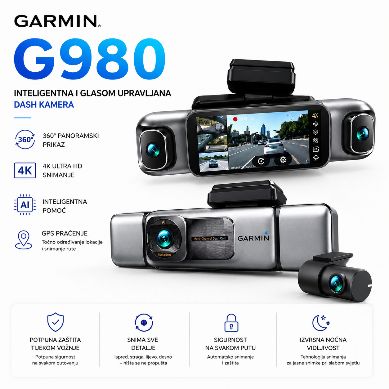 Garmin AI Kamera za Automobil – 4K Ultra HD, 360° Panoramski Pogled, Četiri Kamere, GPS Praćenje i Glasovno Upravljanje