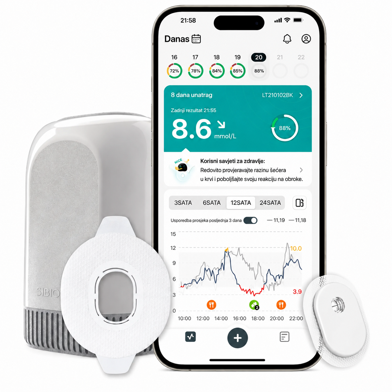 SIBIONICS GS3 Kontinuirani monitor glukoze (CGM) – senzor za 14 dana s AI analizom