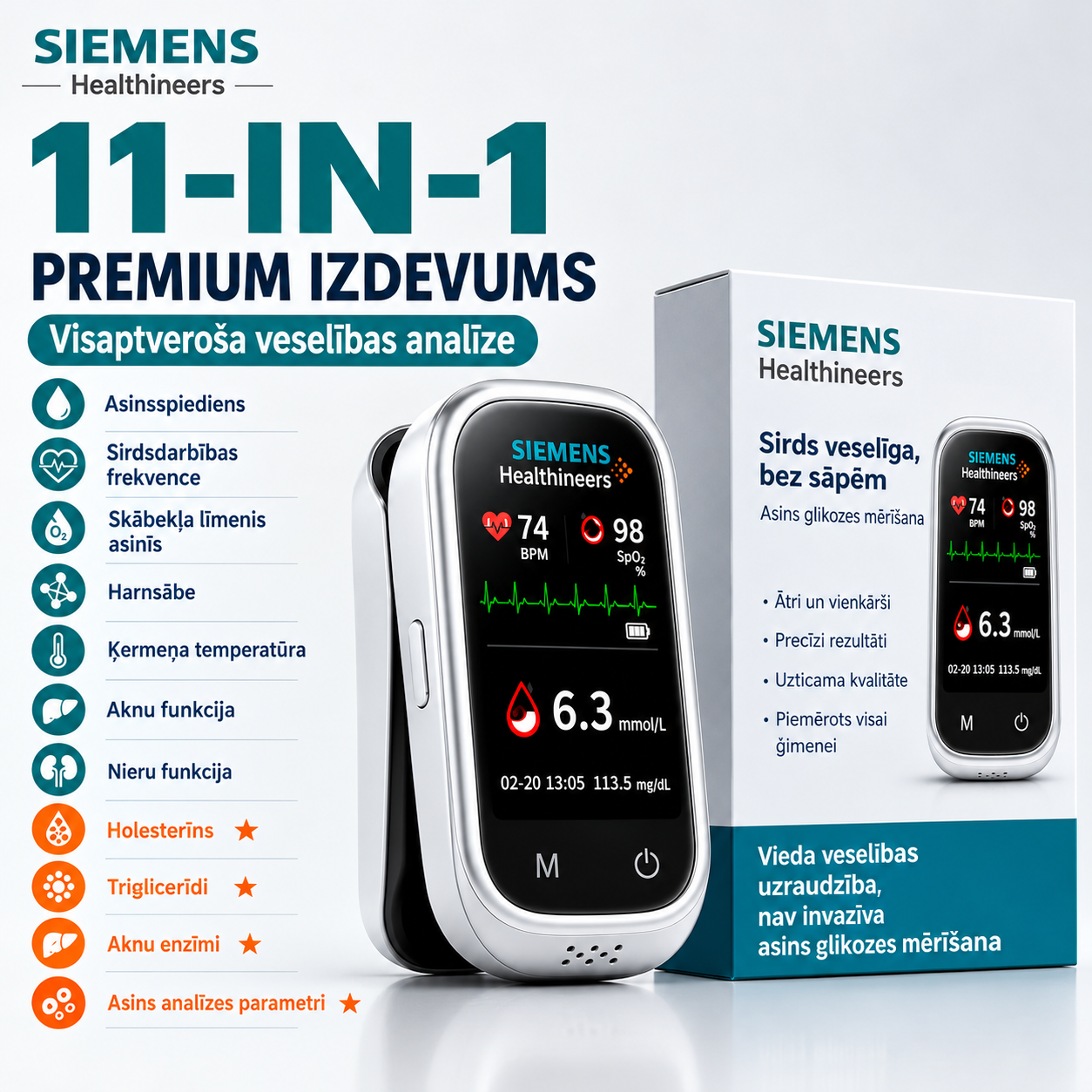 🩸 Siemens™ 11-in-1 Stichfreies Blutzuckermessgerät Ohne Stechen • Keine Teststreifen • Ergebnisse in nur 5 Sekunden