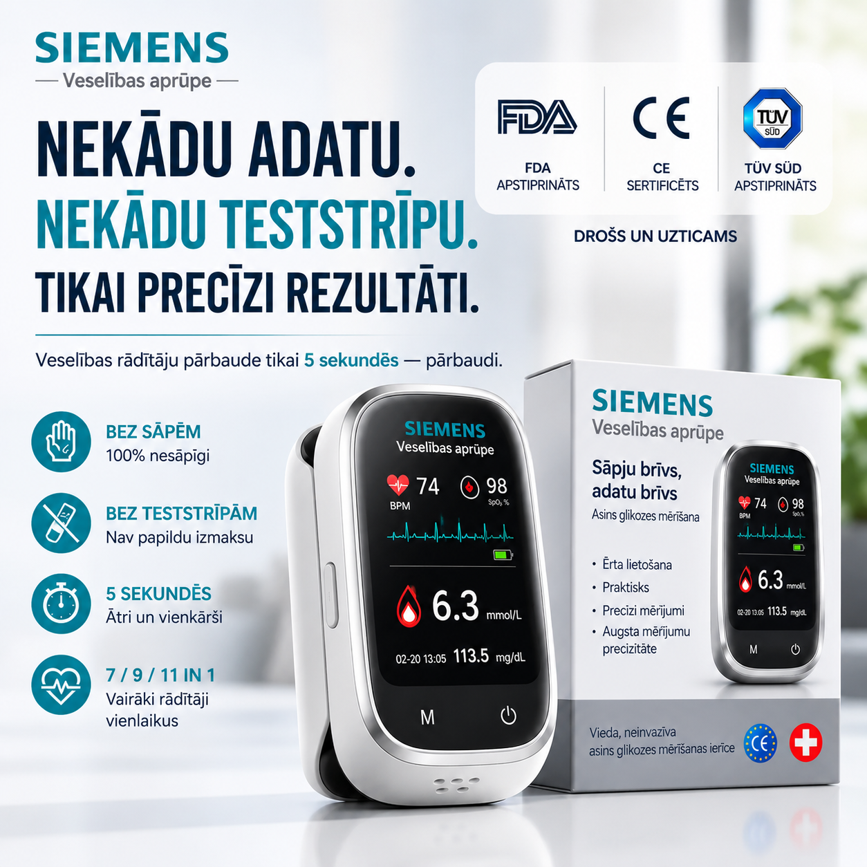 🩸 Siemens™ 11-in-1 Stichfreies Blutzuckermessgerät Ohne Stechen • Keine Teststreifen • Ergebnisse in nur 5 Sekunden