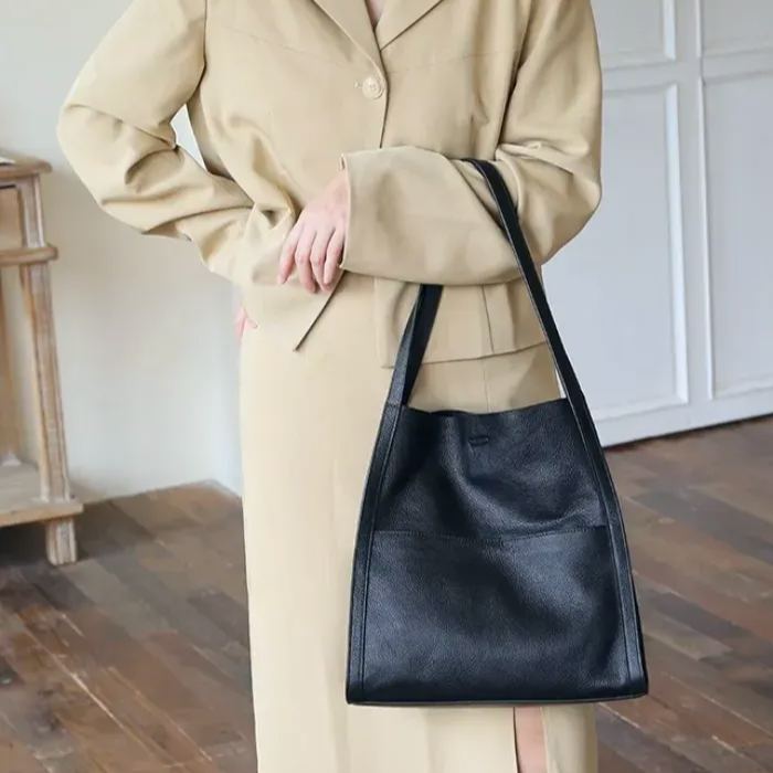 👜GEANTĂ DE UMĂR MONOCROMĂ SIMPLĂ DIN PIELE NATURALĂ