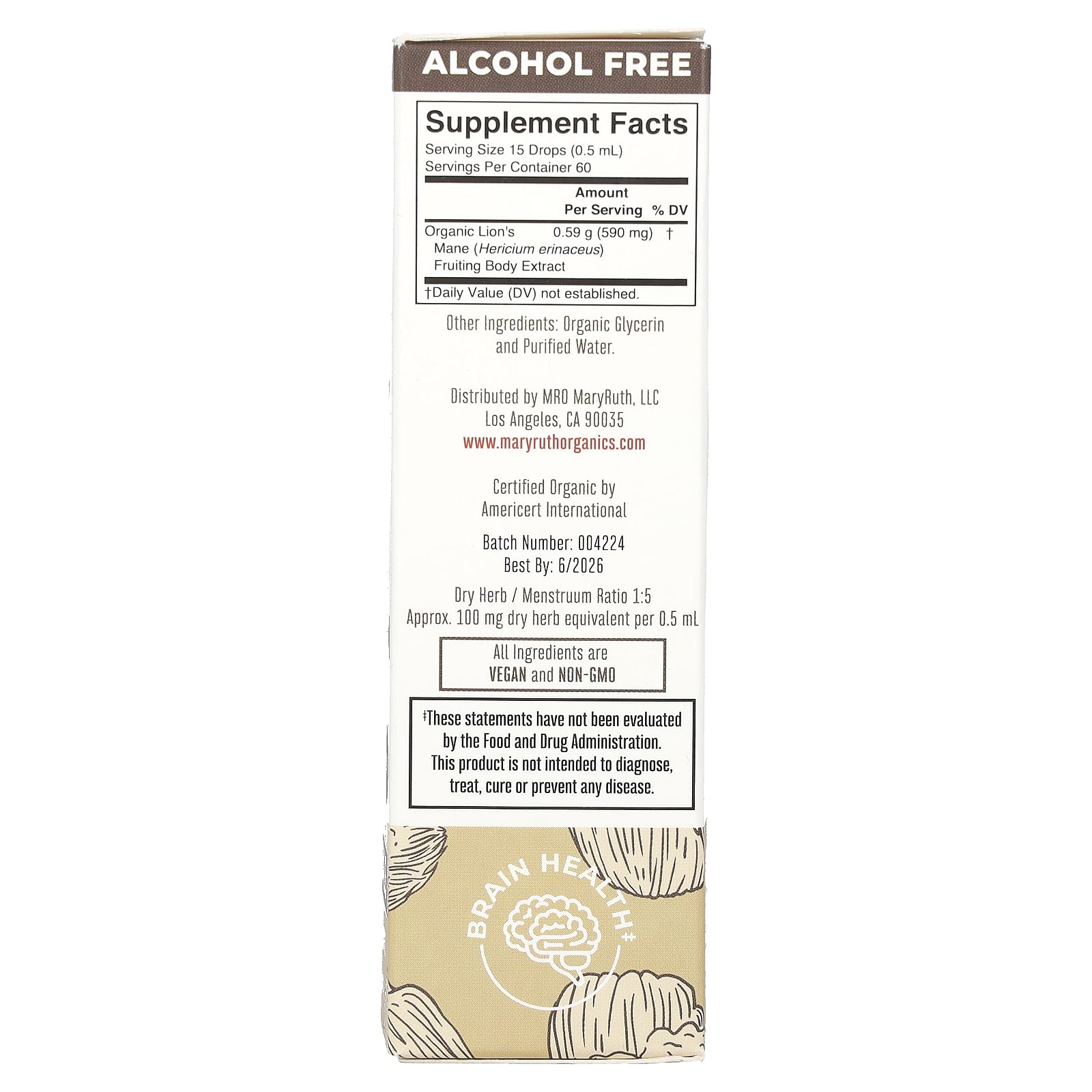 Maryruth's, Organic Lion's Mane Mushroom Liquid Extract, Alcohol Free, 590 Mg, 1 Fl Oz (30 Ml)