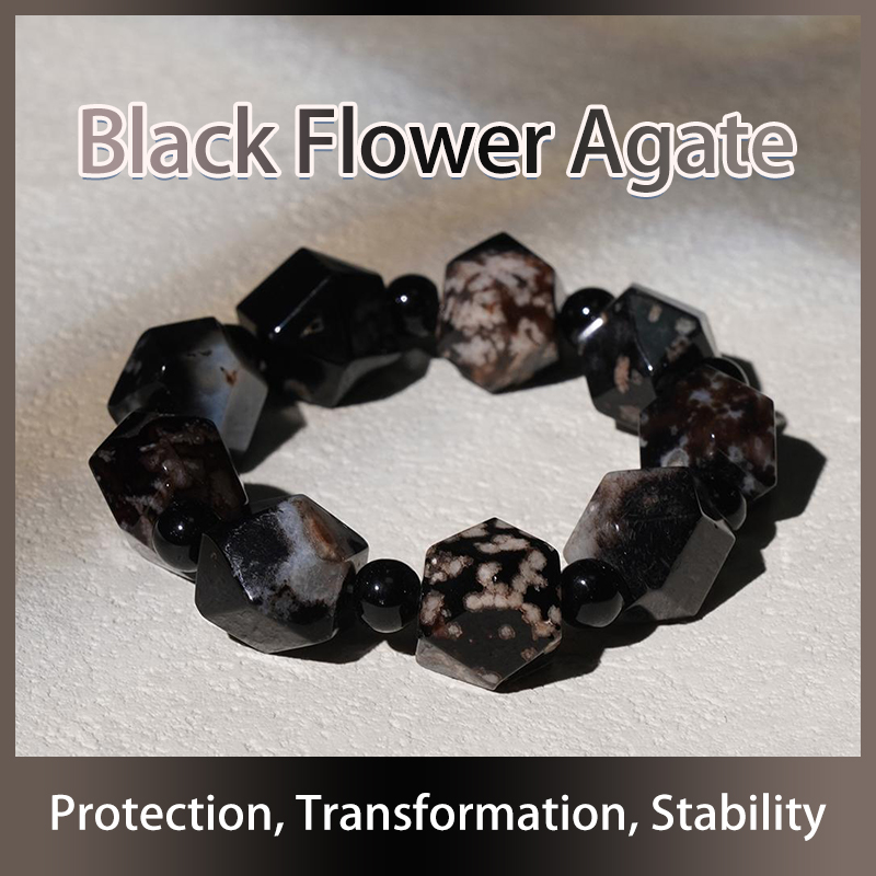 (Diamond) Black Flower Agate Gemstone Beads Stretch Crystal Bracelets Energy Souvenir Gemstone Bracelets  - Protection, Stability, Inner Wisdom