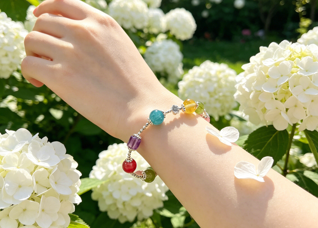 Multi Crystal Beaded Bracelet, Amazonite &Rose Quartz &Citrine &Green Quartz &Green Mica & Amethyst &Clear Quartz Cherry Blossom Gemstone Bracelet