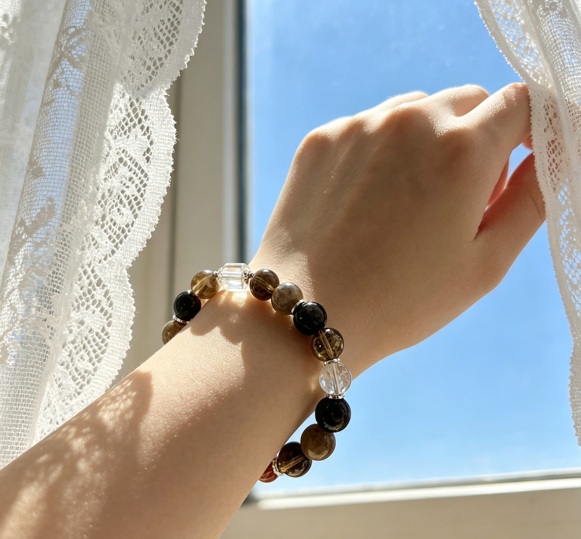 Misty Twilight Multi Crystal Bracelet | Smoky Quartz Grey Moonstone Obsidian Black Super Seven Bracelet