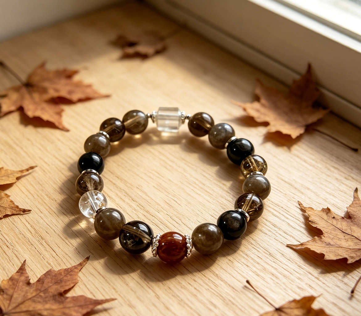 Misty Twilight Multi Crystal Bracelet | Smoky Quartz Grey Moonstone Obsidian Black Super Seven Bracelet