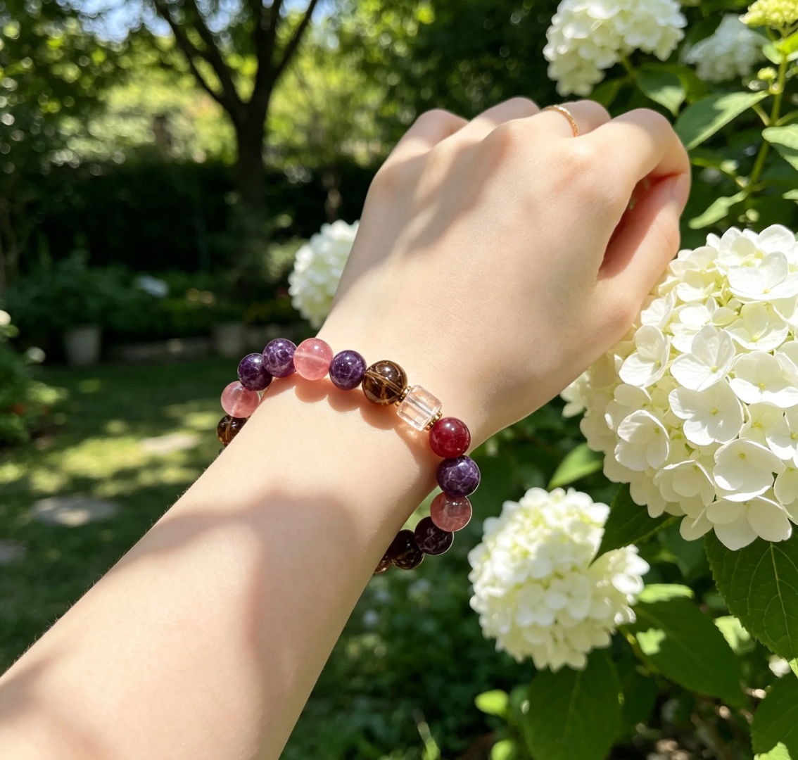 Dream Amethyst& Fluorite Smoky Quartz &Rose Quartz Multi Crystal Bracelet