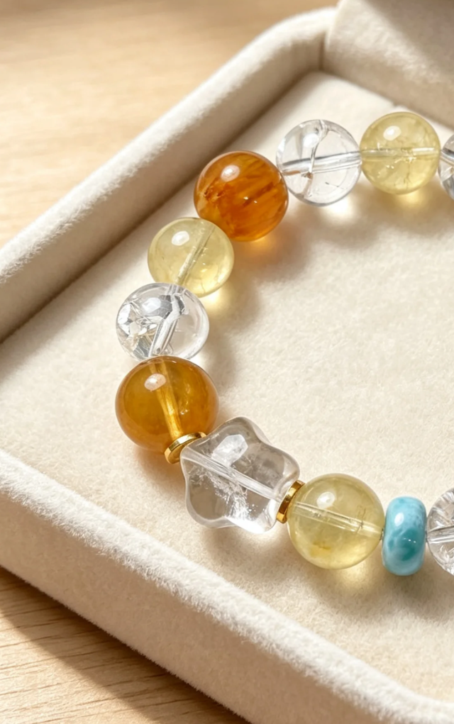 Sunlit Getaway Citrine, Yellow Fluorite, Clear Quartz & Larimar Bracelet