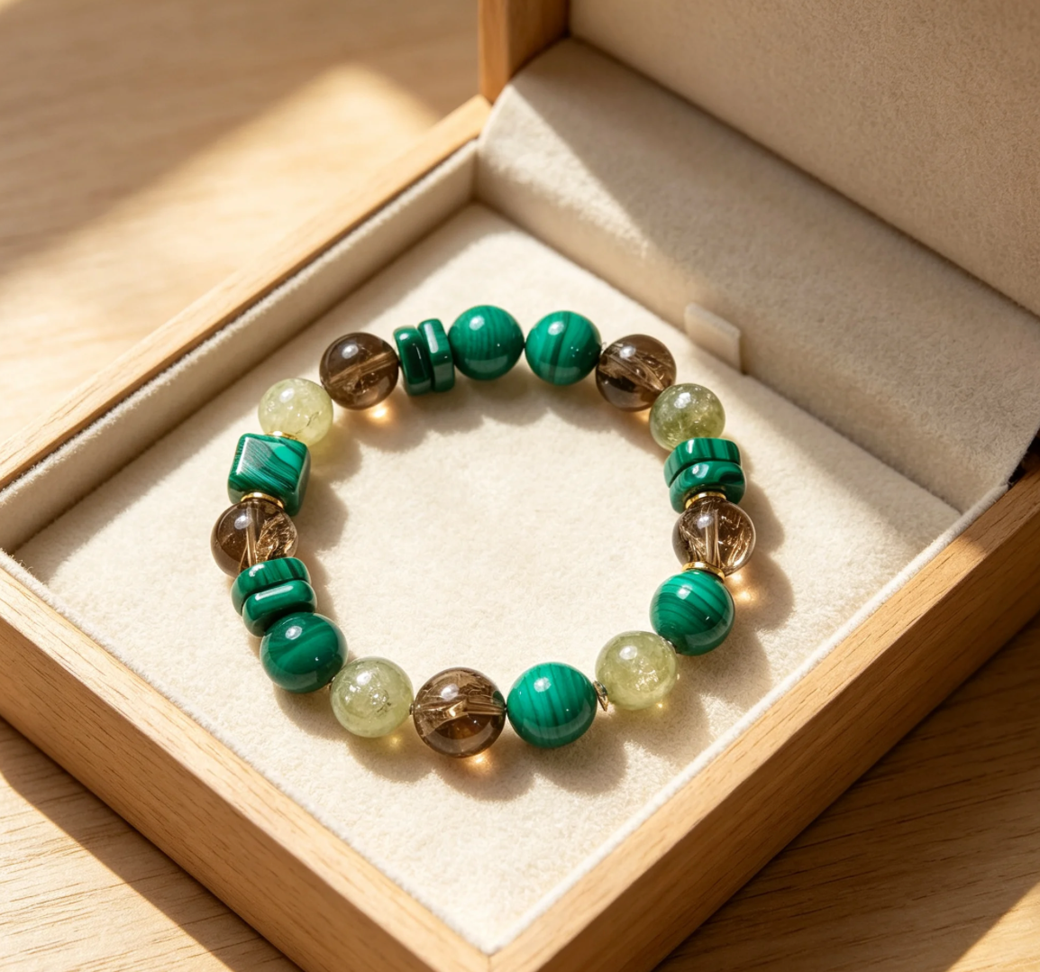 Matcha Truffle Malachite, Smoky Quartz & Emerald Bracelet