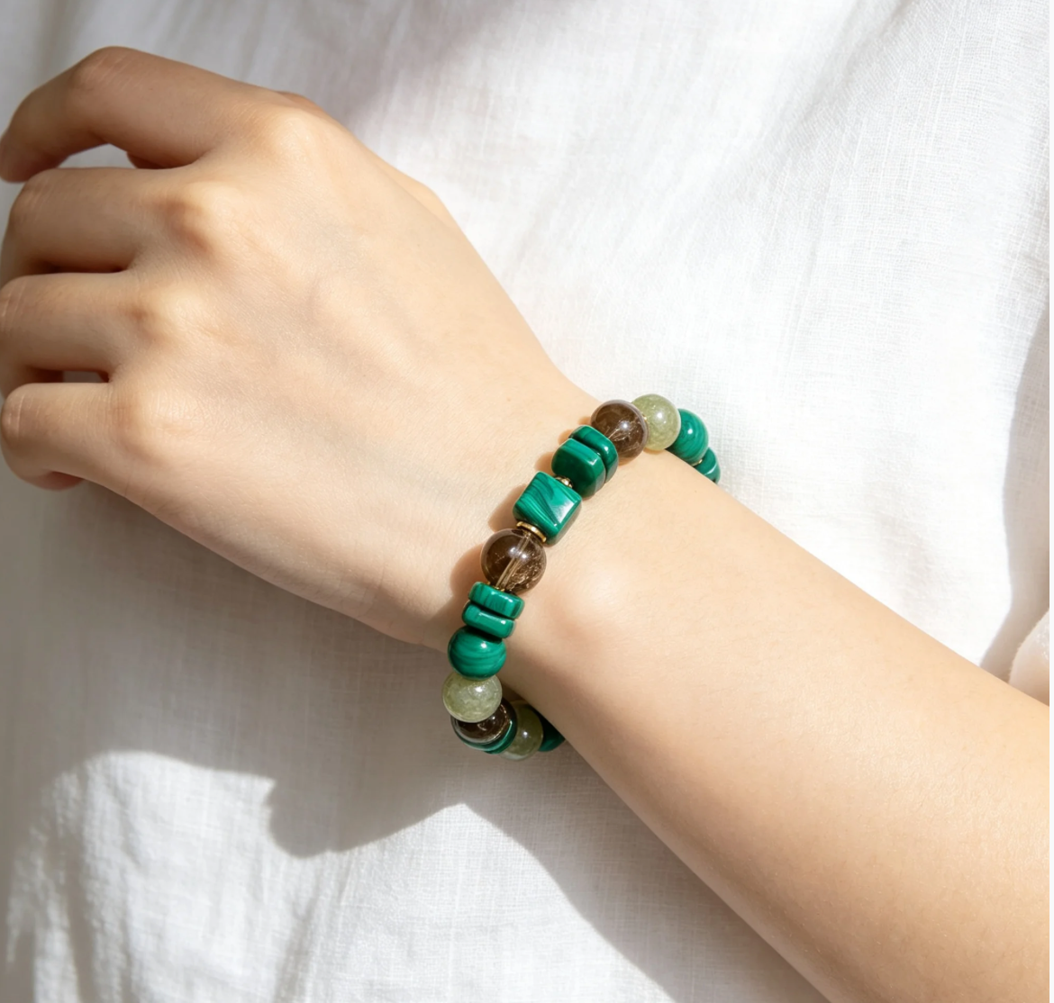 Matcha Truffle Malachite, Smoky Quartz & Emerald Bracelet