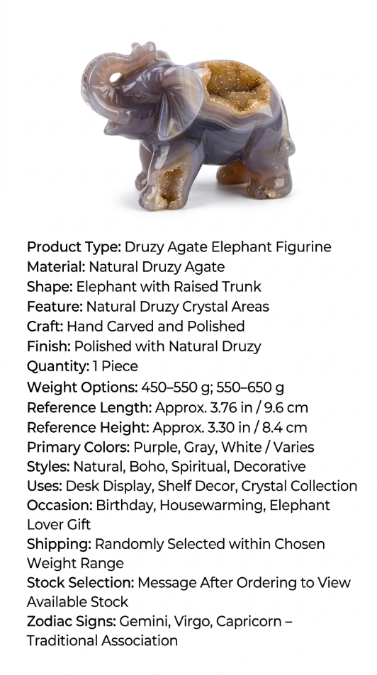 Natural Druzy Agate Elephant – Hand-Carved Crystal Animal Figurine