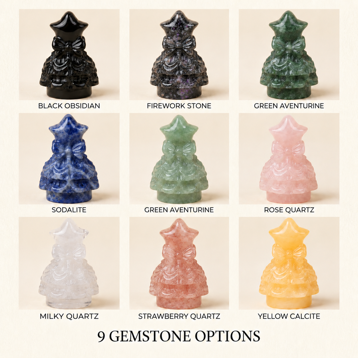 Gemstone Christmas Tree Figurine – 9 Machine-Carved Stone Options-2.2inch