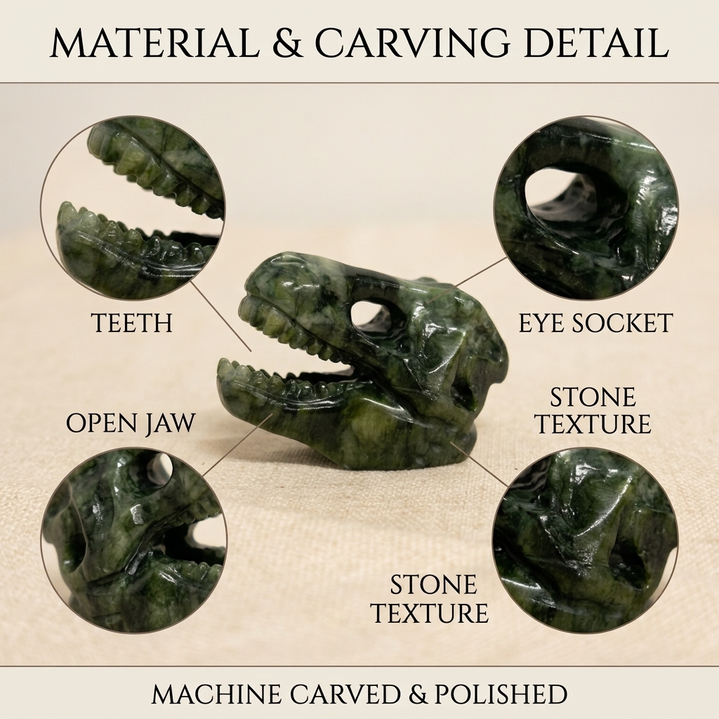 Gemstone Dinosaur Skull Figurine – Green Jade or Yellow Calcite Machine-Carved Decor