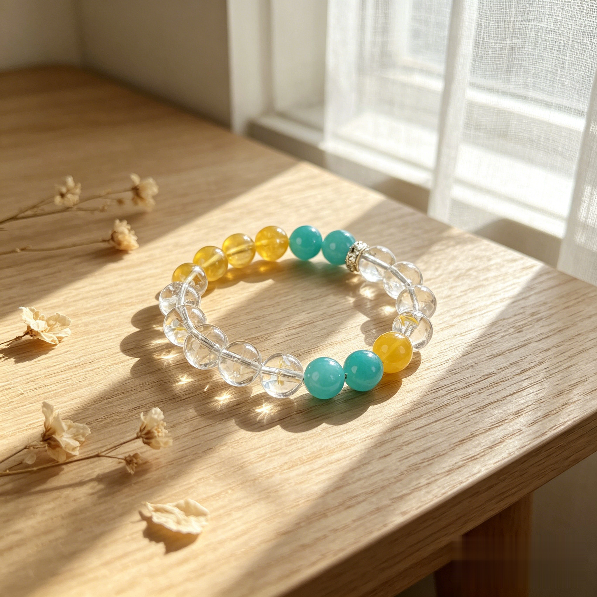 Clear Quartz Yellow Fluorite Amazonite Multi Crystal Bracelet