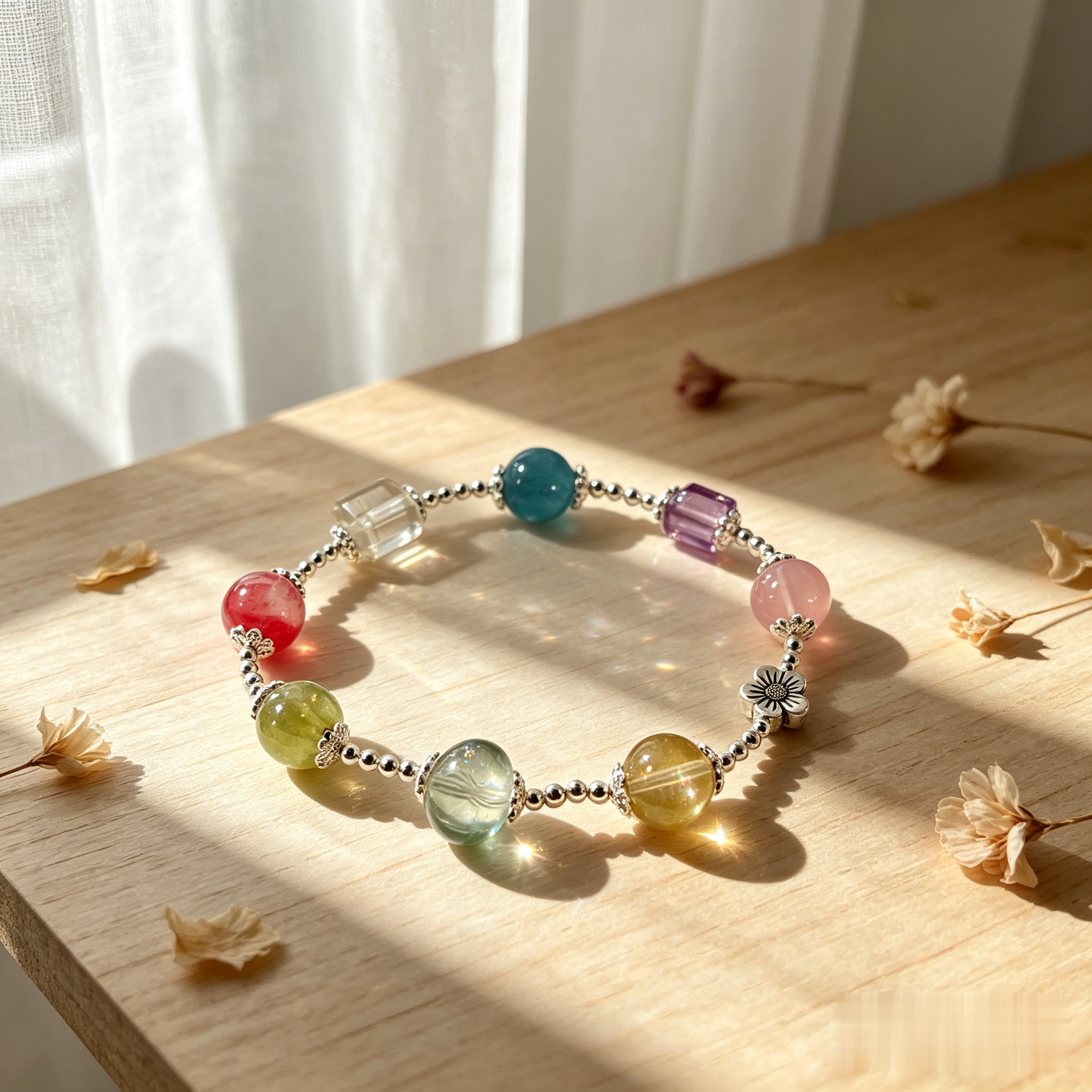 Multi Crystal Beaded Bracelet, Amazonite &Rose Quartz &Citrine &Green Quartz &Green Mica & Amethyst &Clear Quartz Cherry Blossom Gemstone Bracelet