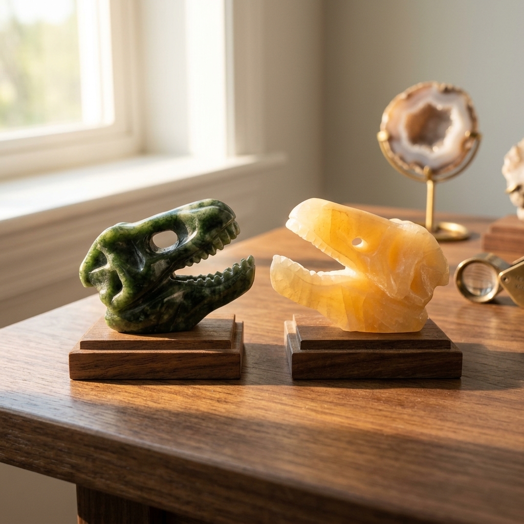 Gemstone Dinosaur Skull Figurine – Green Jade or Yellow Calcite Machine-Carved Decor