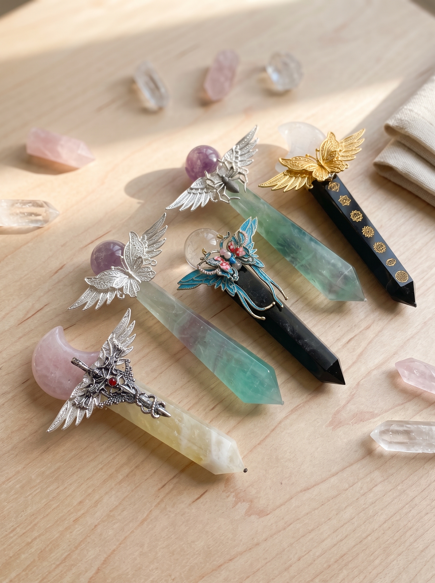 Mixed Gemstone Crystal Wand – Hand-Assembled Tower Point or Wand Handle Scepter