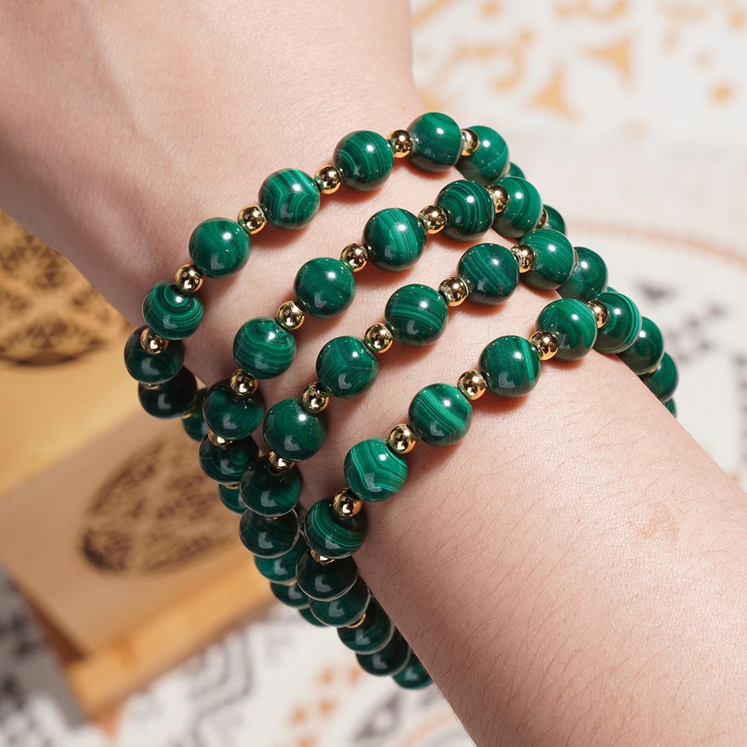 Malachite and Copper Crystal Stretch Bracelet Round Semi-Precious Bracelet Healing Crystal Energy Souvenir Bracelet-Protection Confidence Love