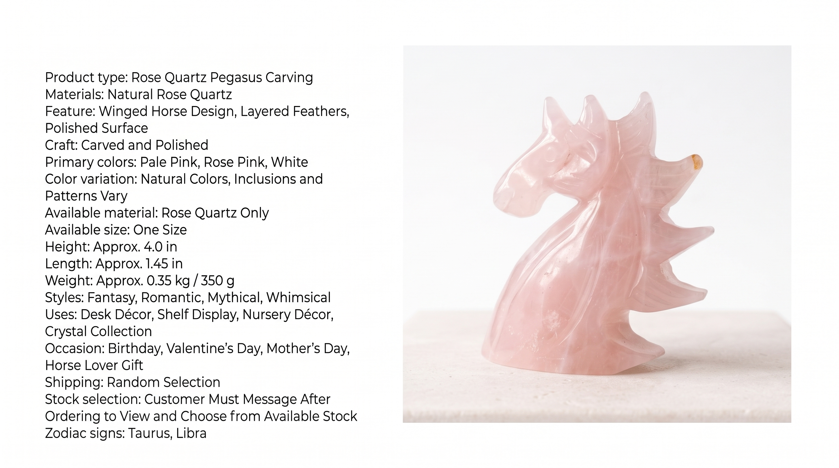 Natural Rose Quartz Pegasus – Pink Crystal Winged Horse Figurine & Fantasy Decor