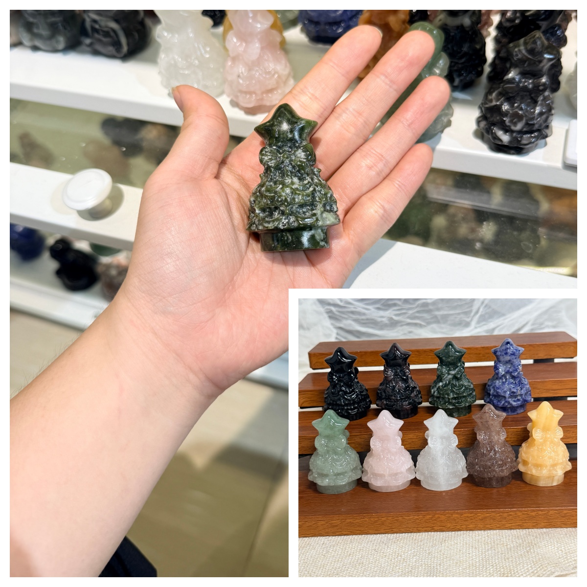 Gemstone Christmas Tree Figurine – 9 Machine-Carved Stone Options-2.2inch