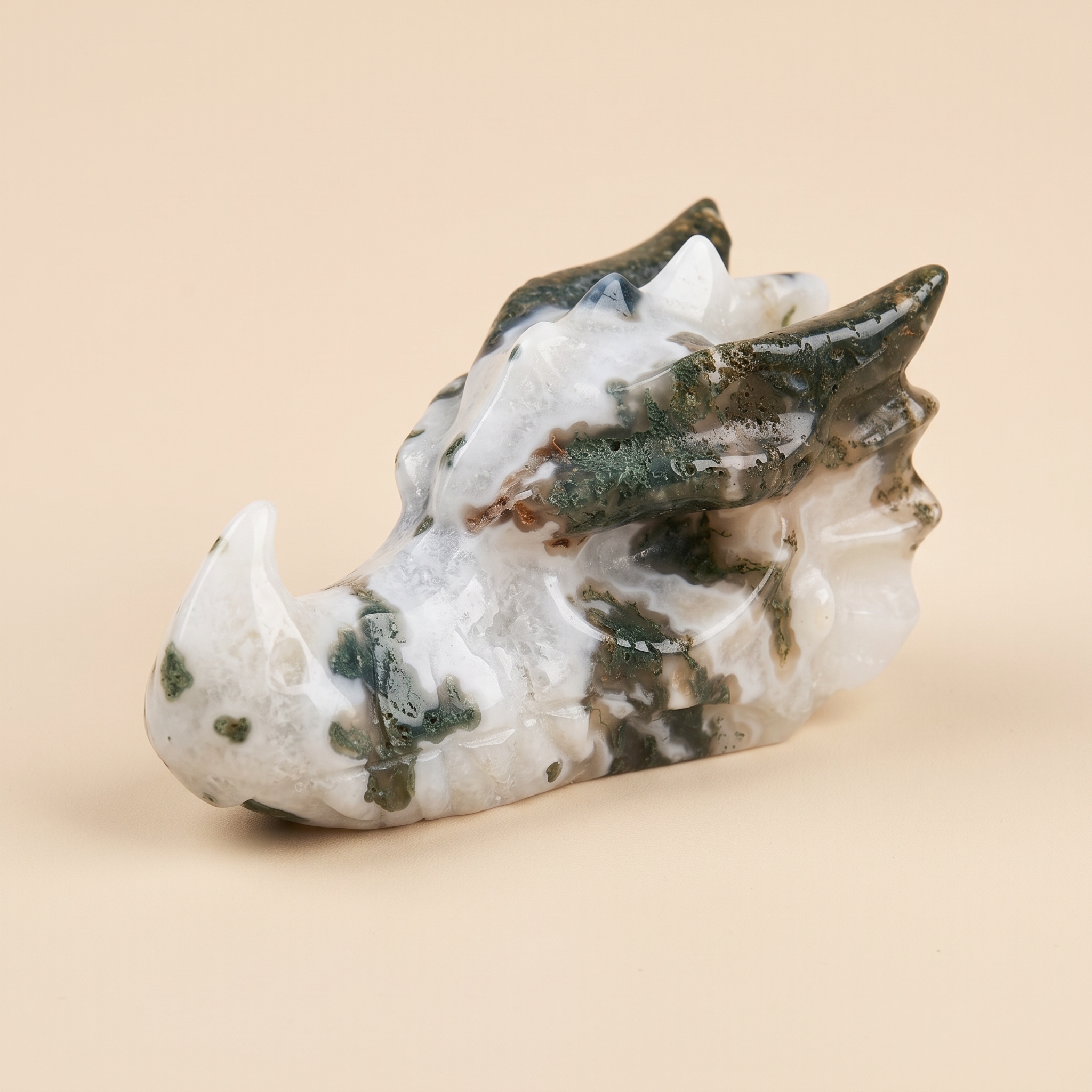 Hand-Carved Gemstone Dragon Head – Moss Agate, Rose Quartz or Volcano Agate Fantasy Decor