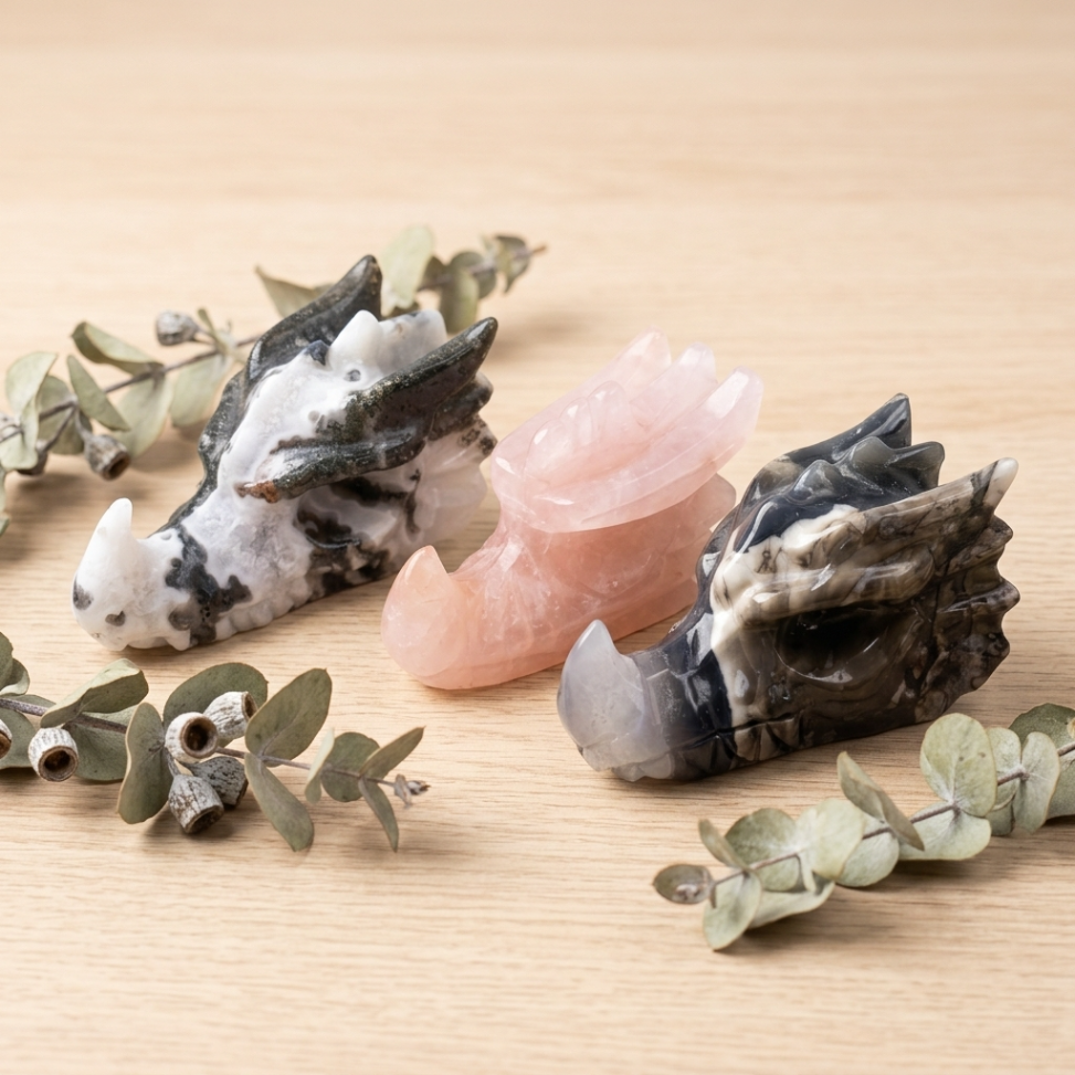 Hand-Carved Gemstone Dragon Head – Moss Agate, Rose Quartz or Volcano Agate Fantasy Decor