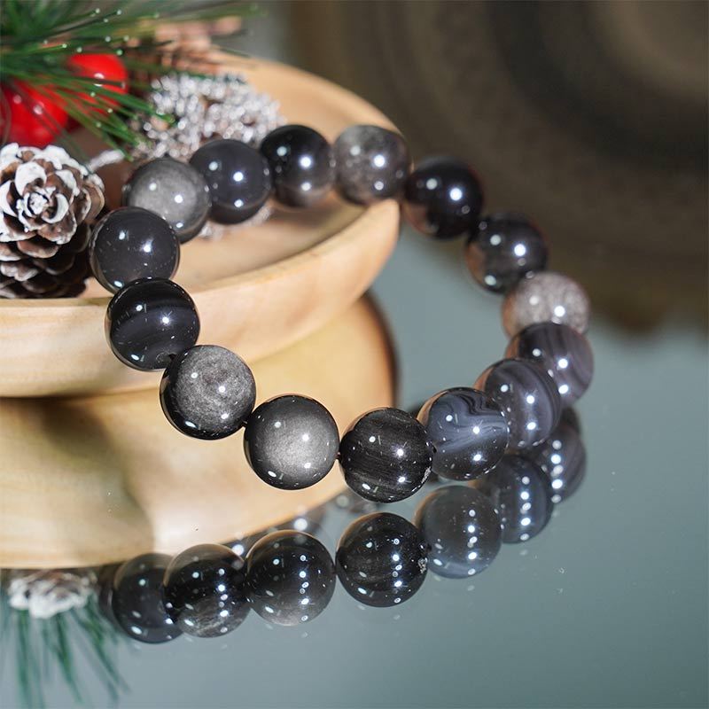 Silver Obsidian Healing Crystal Energy Souvenir Bracelet - Protection,Grounding and Clarity