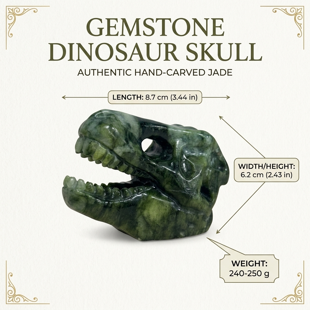 Gemstone Dinosaur Skull Figurine – Green Jade or Yellow Calcite Machine-Carved Decor