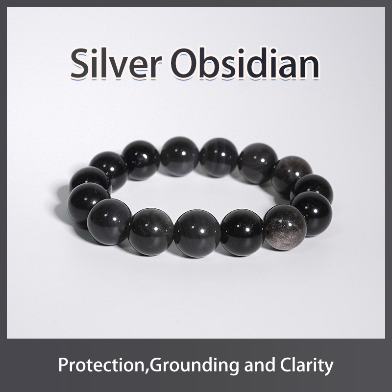 Silver Obsidian Healing Crystal Energy Souvenir Bracelet - Protection,Grounding and Clarity