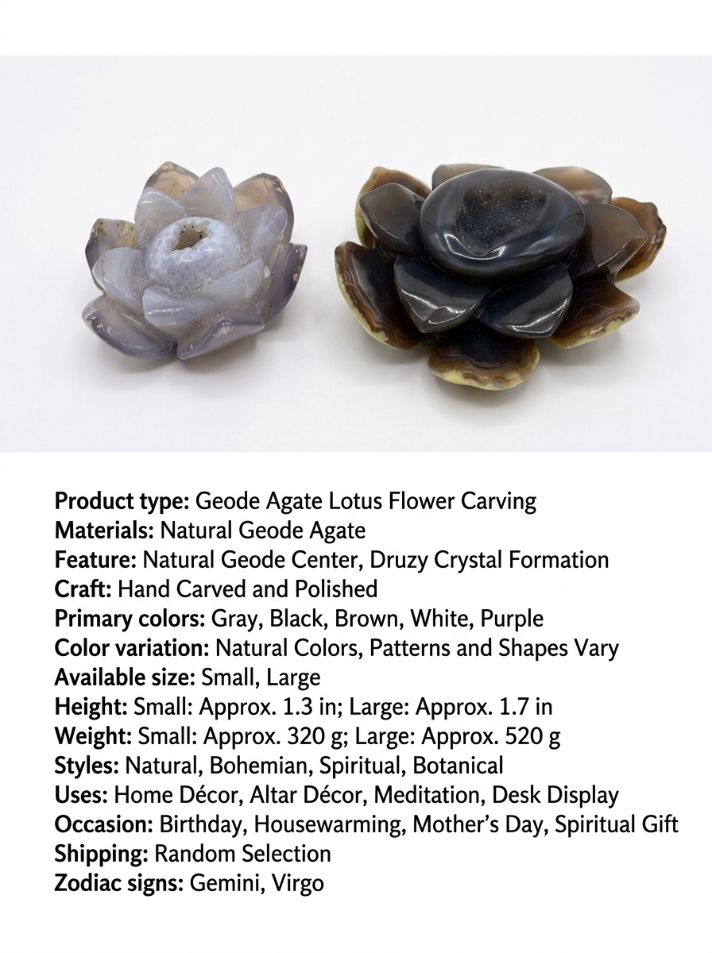 Natural Geode Agate Lotus Flower – Hand-Carved Druzy Crystal Decor & Spiritual Gift
