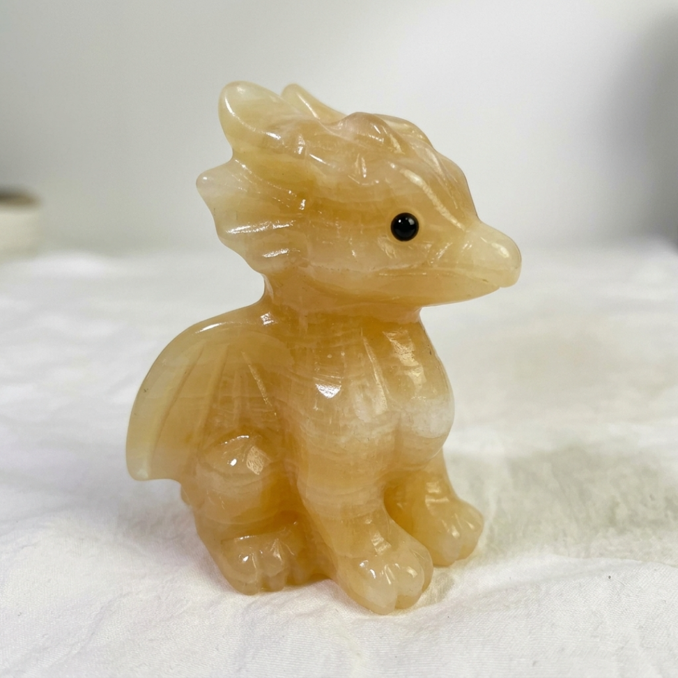 Yellow Calcite or Green Jade Baby Dragon – Machine-Carved Crystal Figurine & Fantasy Decor