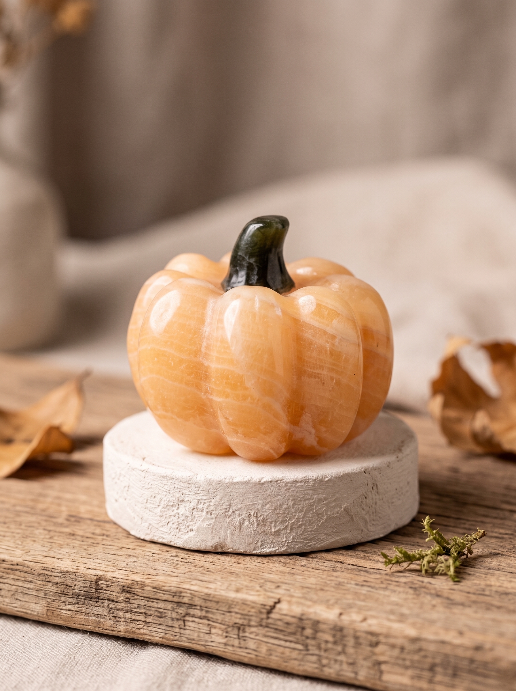 Yellow Calcite Pumpkin with Green Jade Stem – Hand-Assembled Fall Gemstone Decor