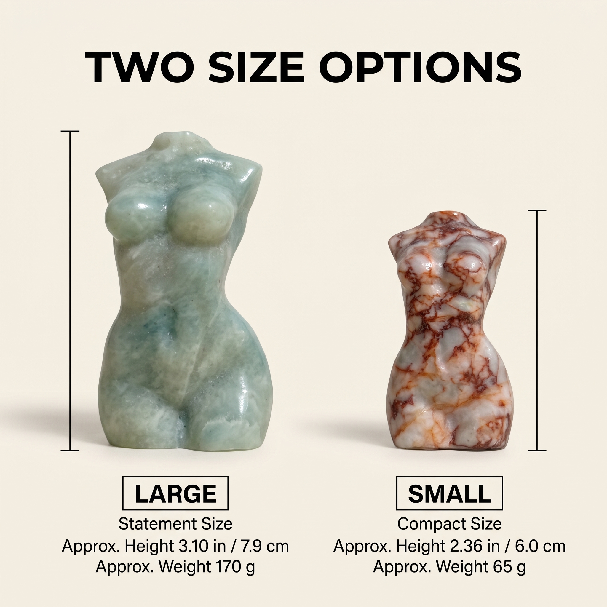 Gemstone Female Body Figurine – Large or Small Machine-Carved Goddess Torso Decor