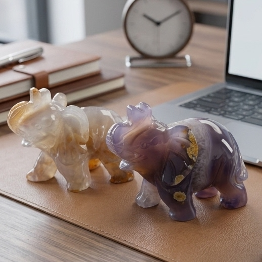 Natural Druzy Agate Elephant – Hand-Carved Crystal Animal Figurine
