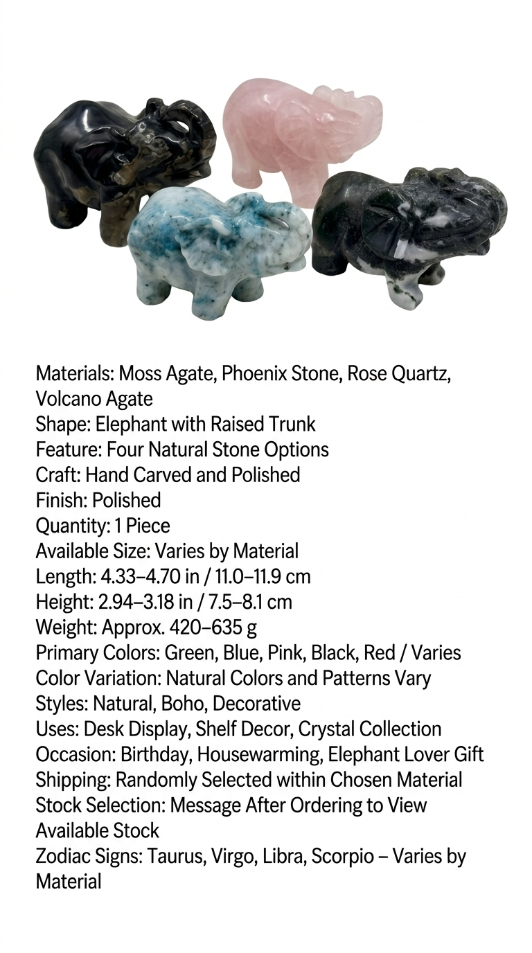 Hand-Carved Gemstone Elephant – Four Natural Stone Options