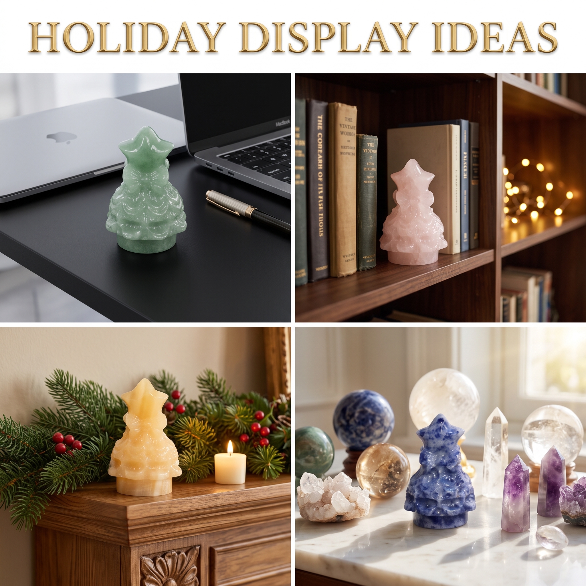 Gemstone Christmas Tree Figurine – 9 Machine-Carved Stone Options-2.2inch