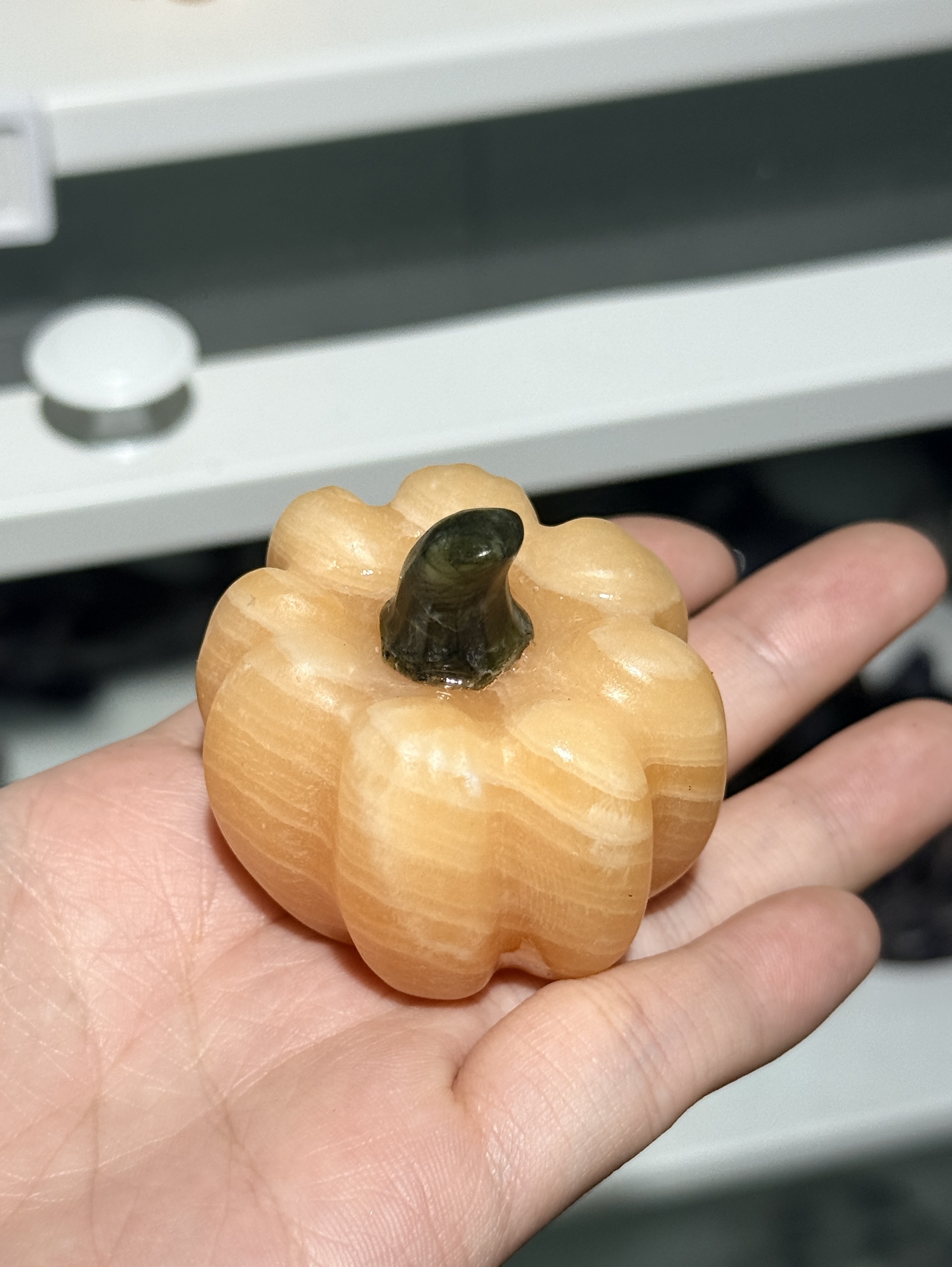Yellow Calcite Pumpkin with Green Jade Stem – Hand-Assembled Fall Gemstone Decor